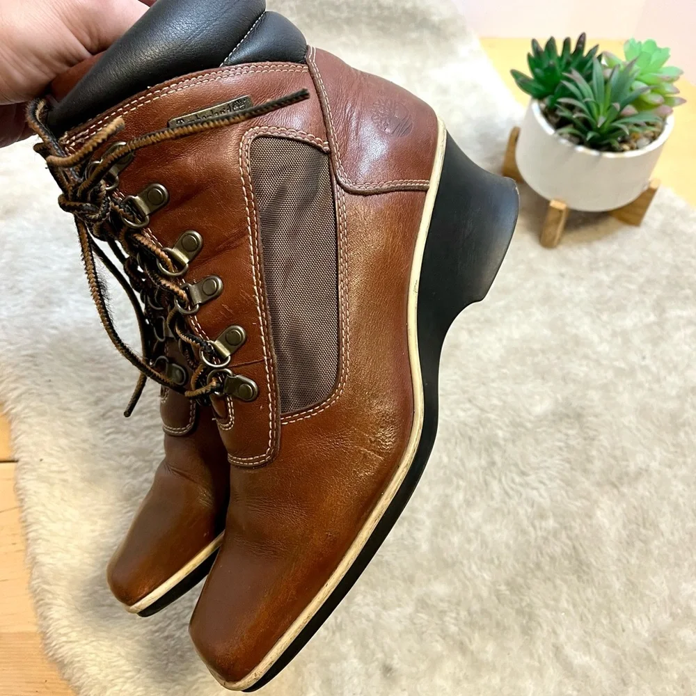 *๐HP ๐ Timberland | Brown Leather Square Toe Lace-Up Wedge Boots Size 6.5 - Picture 7 of 10